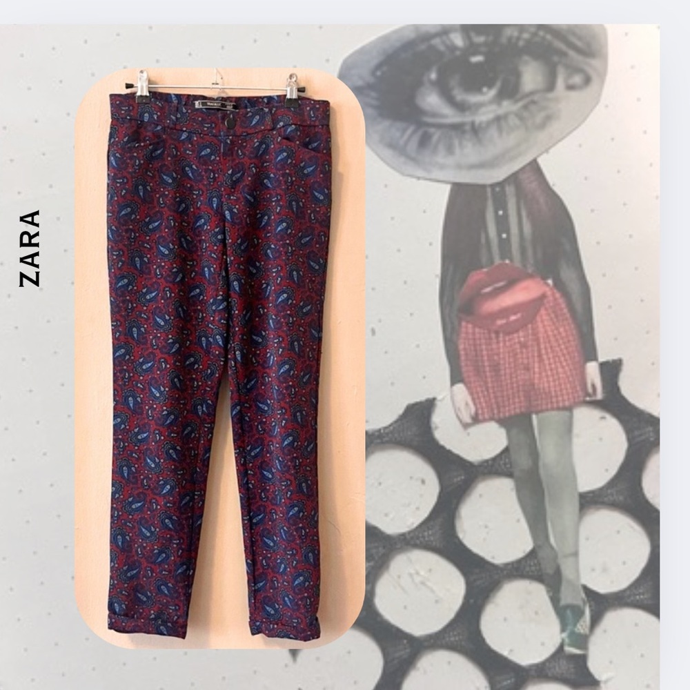 🎉rare🎉 Zara red & blue paisley print rolled hem straight leg trouser pants